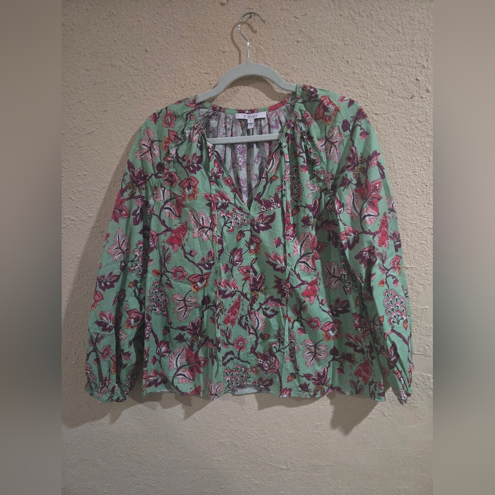 Derek Lam 10 Crosby Mint Floral Tied V-Neck Long Sleeve Devon Blouse Size 6